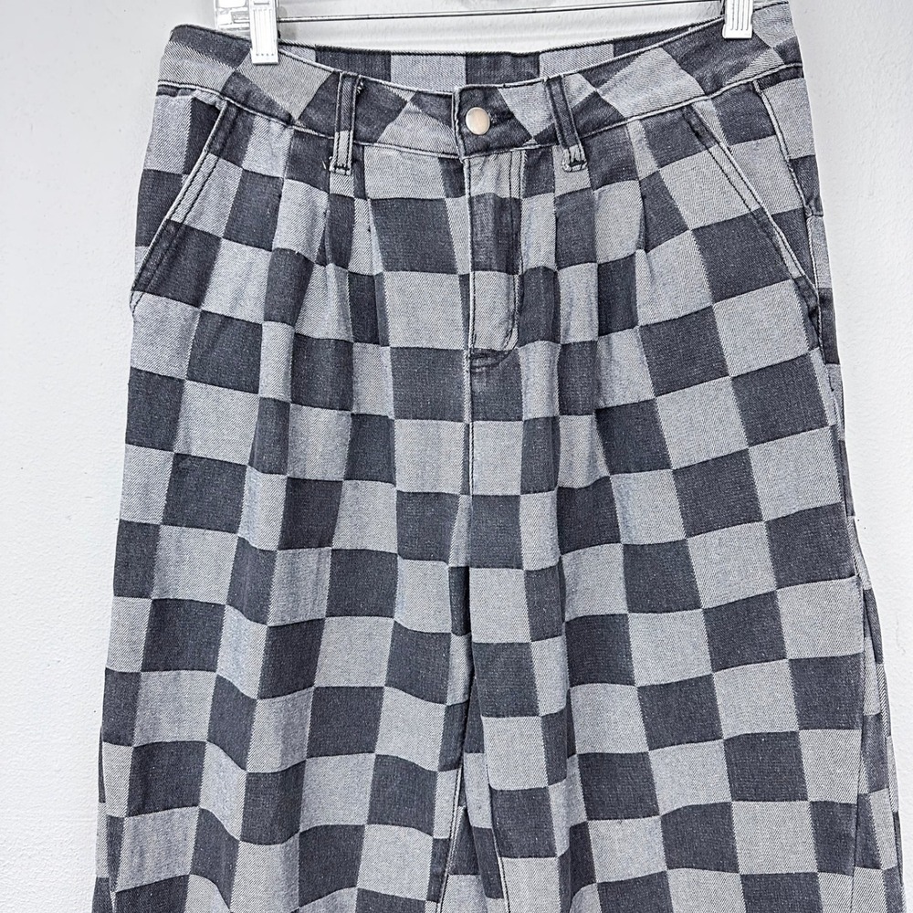 Checkered Wide Leg Trouser Jeans Women Size 8 Grey High Rise Pleated Front Pants - Picture 3 of 8
